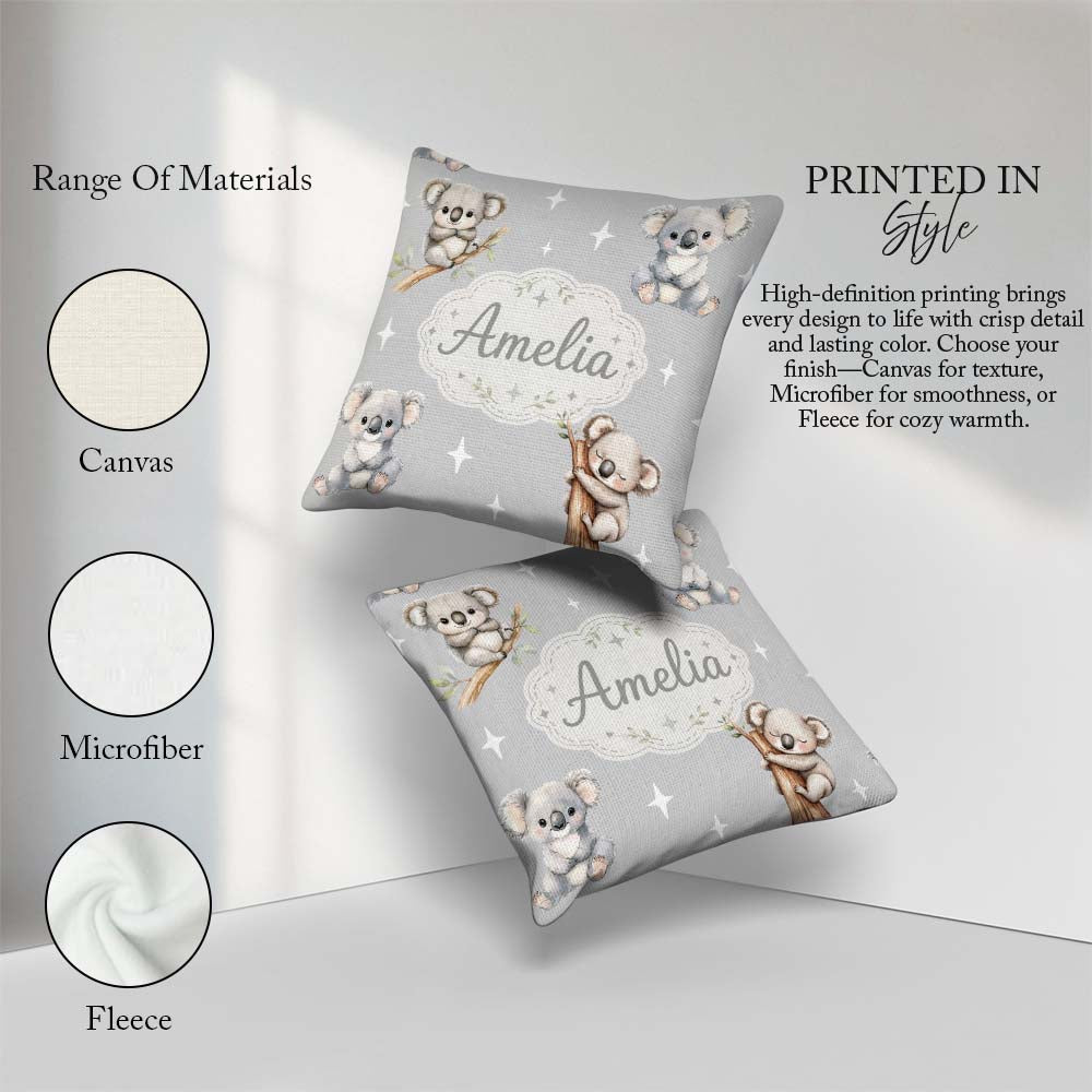 Custom Name Baby Koala Bears with Stars on Grey Seamless Pattern Square Filled Cushion Throw Pillow Sofa Bed Home Decor Zip Washable UK Made