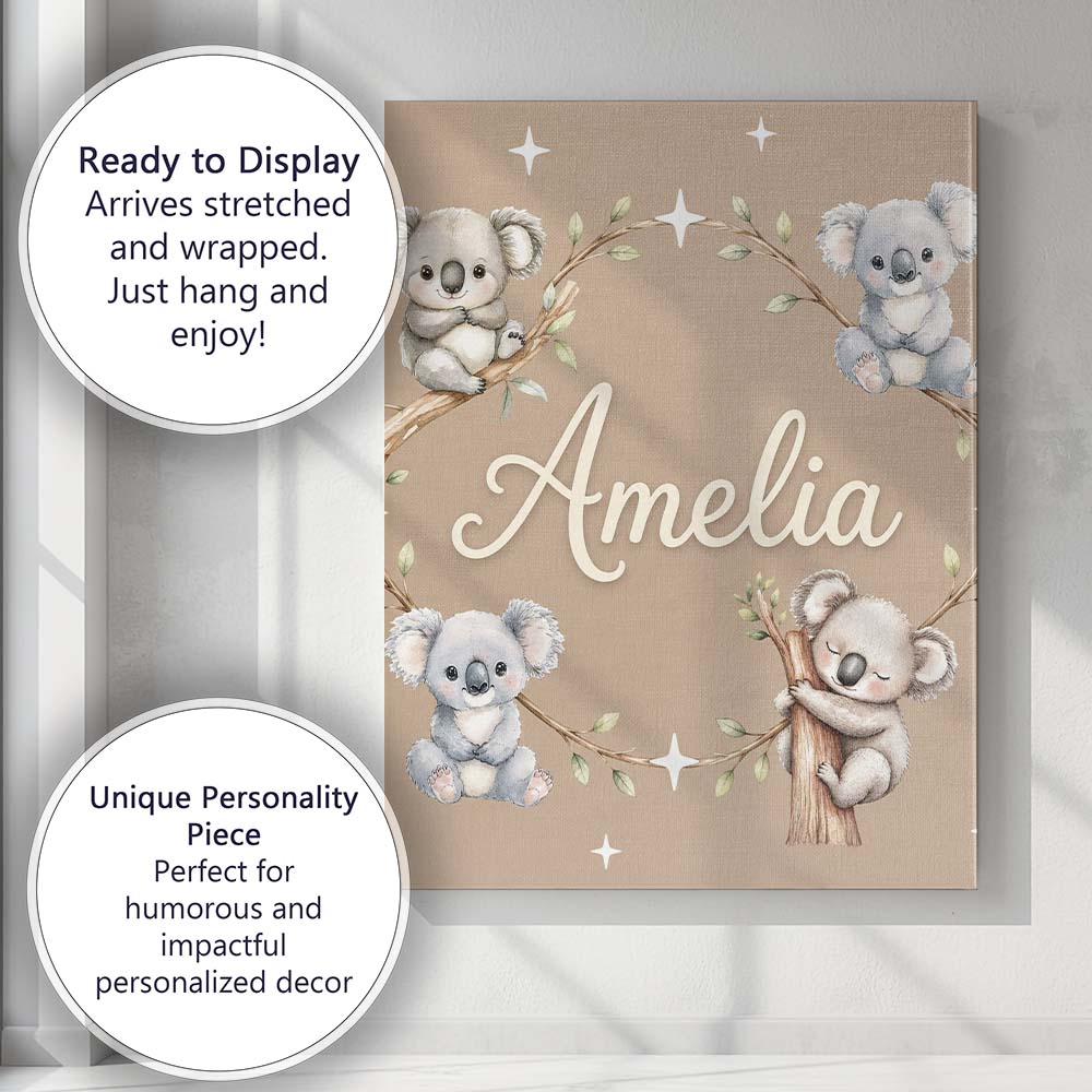 Personalised Name Cute Baby Koala Bears Custom  Modern Room Accent Elegant Feature Canvas Wall Art Print Decor Picture Ready to Hang