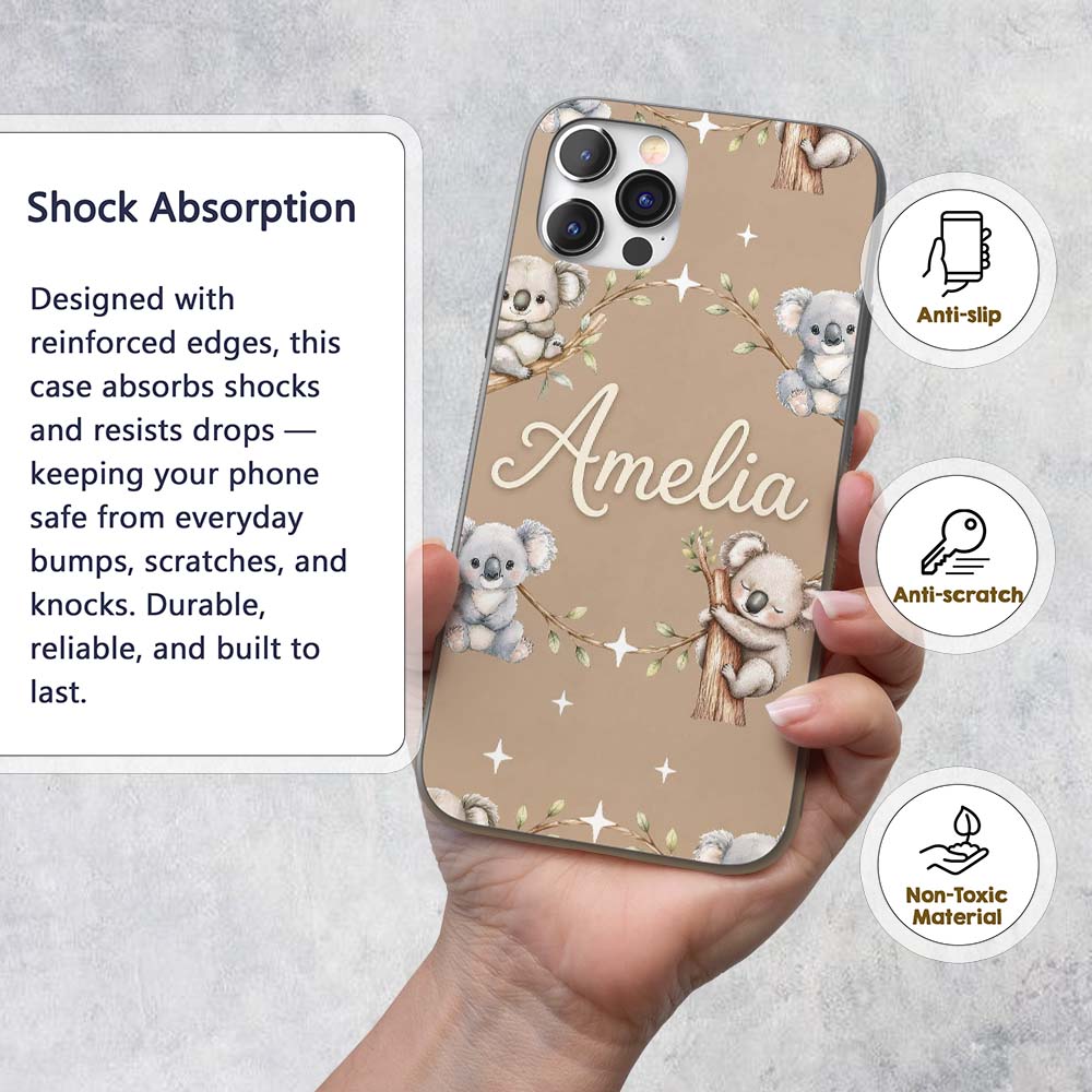 Cute Baby Koala Bears with Stars on Warm Beige Custom Name Protective Phone Case Mobile Cover Durable Everyday Smartphone Shock Resistant
