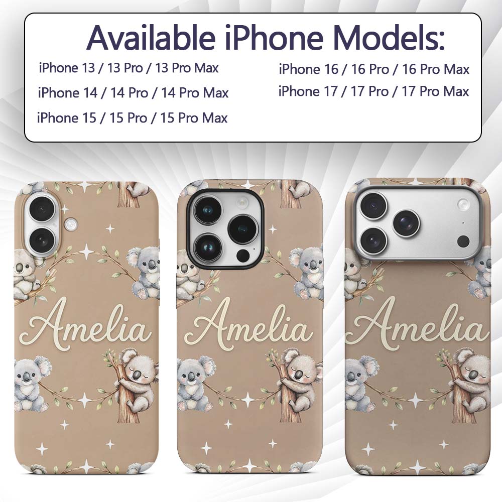Cute Baby Koala Bears with Stars on Warm Beige Custom Name Protective Phone Case Mobile Cover Durable Everyday Smartphone Shock Resistant