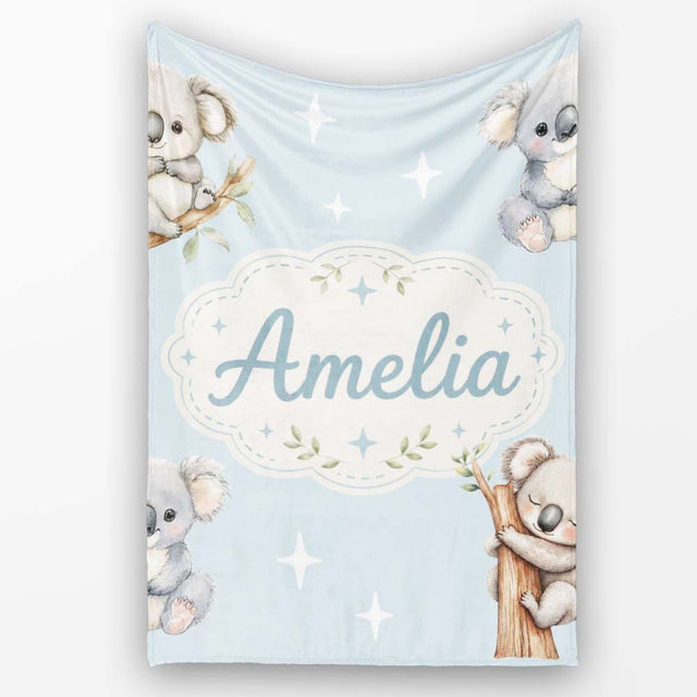 Cute Baby Koala Bears with Stars on Soft Blue Background Seamless  Personalised Custom Name Super Soft Fleece Blanket Bed Sofa Throw