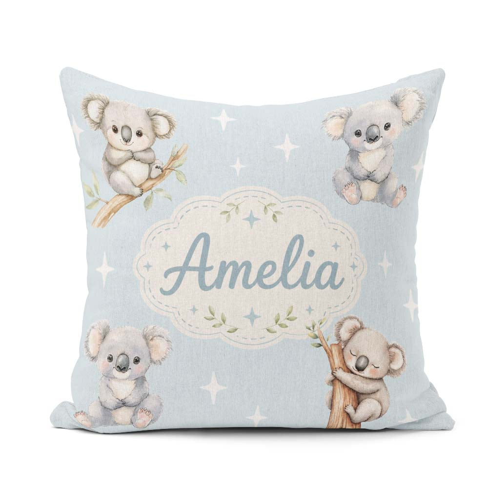 Custom Name Baby Koala Bears with Stars on Soft Blue Background Square Filled Cushion Throw Pillow Sofa Bed Home Decor Zip Washable UK Made