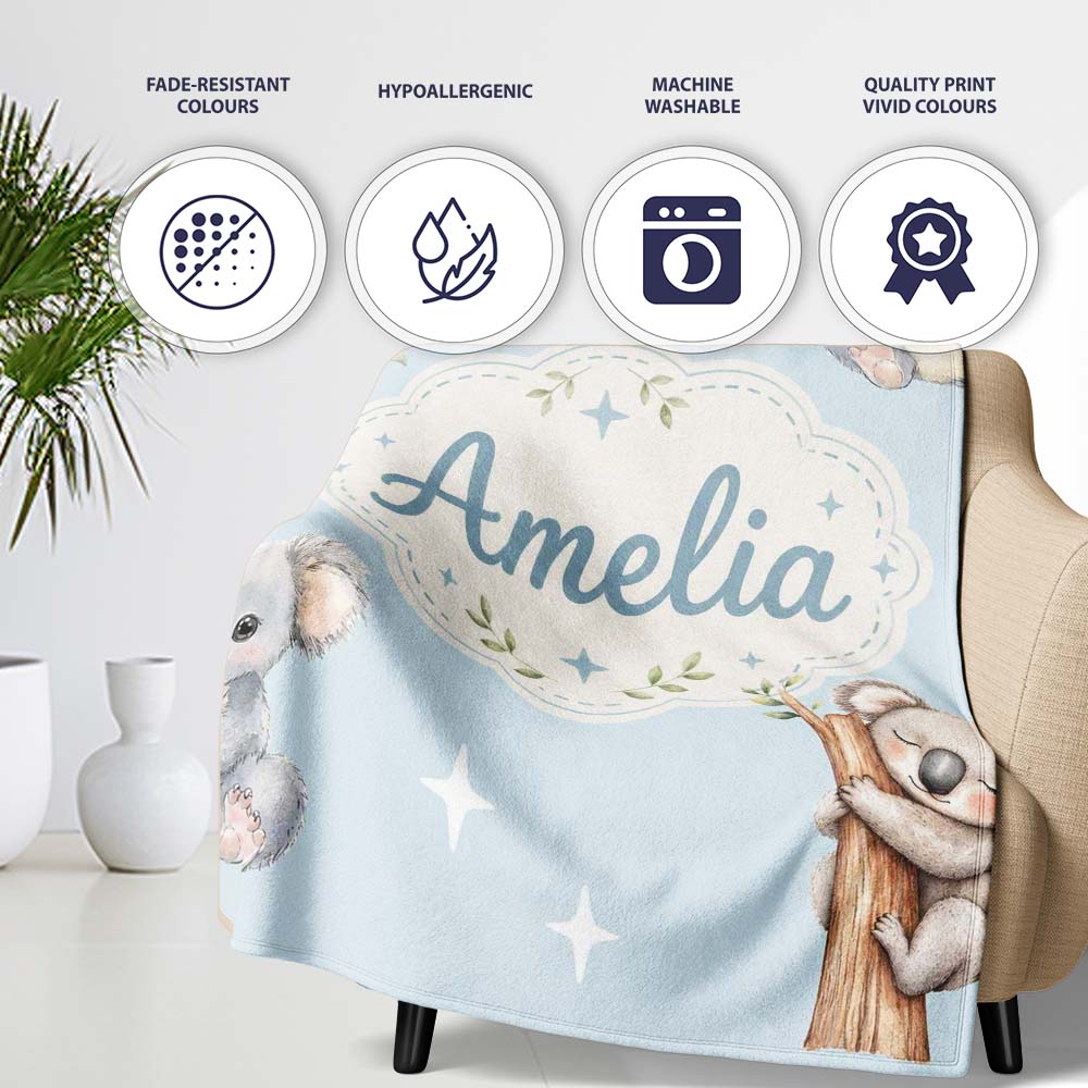 Cute Baby Koala Bears with Stars on Soft Blue Background Seamless  Personalised Custom Name Super Soft Fleece Blanket Bed Sofa Throw