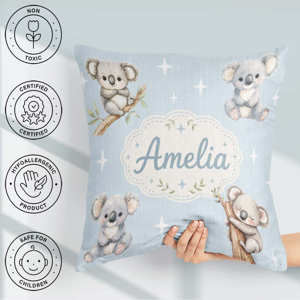 Custom Name Baby Koala Bears with Stars on Soft Blue Background Square Filled Cushion Throw Pillow Sofa Bed Home Decor Zip Washable UK Made