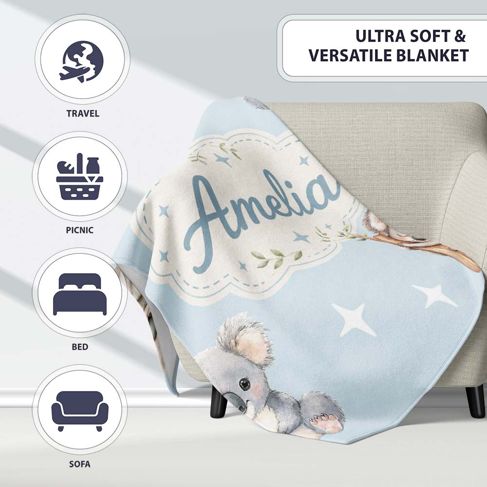 Cute Baby Koala Bears with Stars on Soft Blue Background Seamless  Personalised Custom Name Super Soft Fleece Blanket Bed Sofa Throw
