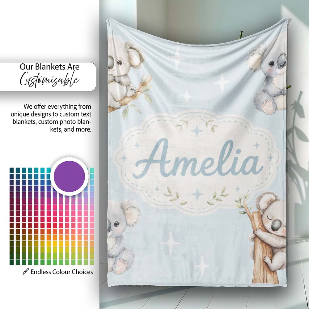 Cute Baby Koala Bears with Stars on Soft Blue Background Seamless  Personalised Custom Name Super Soft Fleece Blanket Bed Sofa Throw