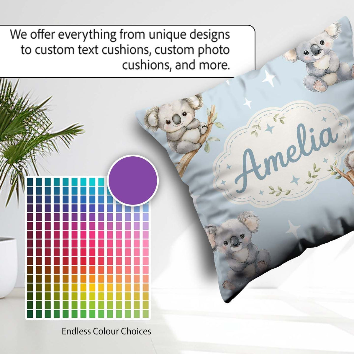Custom Name Baby Koala Bears with Stars on Soft Blue Background Square Filled Cushion Throw Pillow Sofa Bed Home Decor Zip Washable UK Made