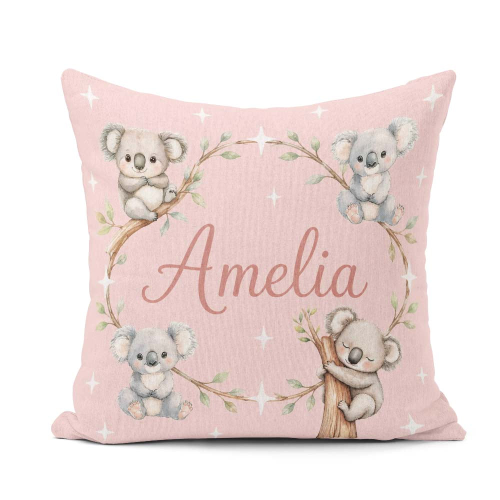 Custom Name Baby Koala Bears with Stars on Blush Pink Background Square Filled Cushion Throw Pillow Sofa Bed Home Decor Zip Washable UK Made