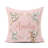 Custom Name Baby Koala Bears with Stars on Blush Pink Background Square Filled Cushion Throw Pillow Sofa Bed Home Decor Zip Washable UK Made