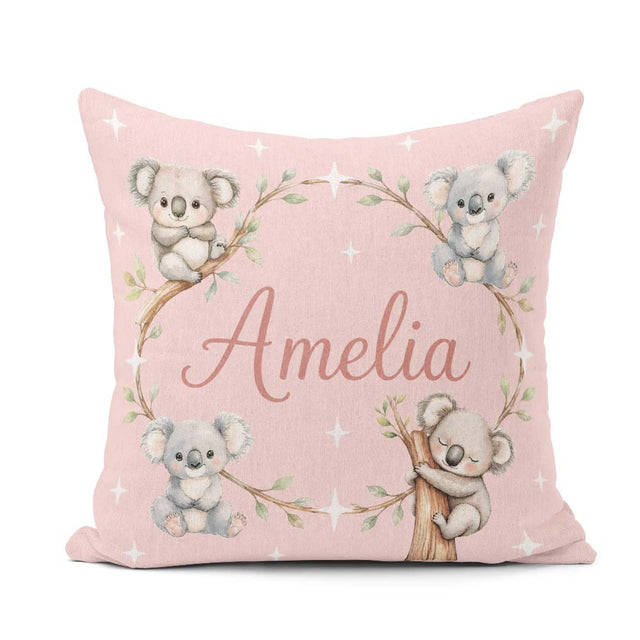 Custom Name Baby Koala Bears with Stars on Blush Pink Background Square Filled Cushion Throw Pillow Sofa Bed Home Decor Zip Washable UK Made
