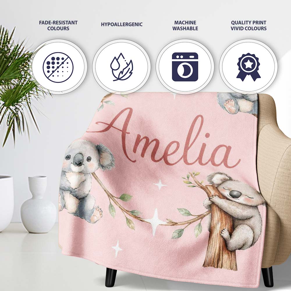 Cute Baby Koala Bears with Stars on Blush Pink Background Seamless  Personalised Custom Name Super Soft Fleece Blanket Bed Sofa Throw