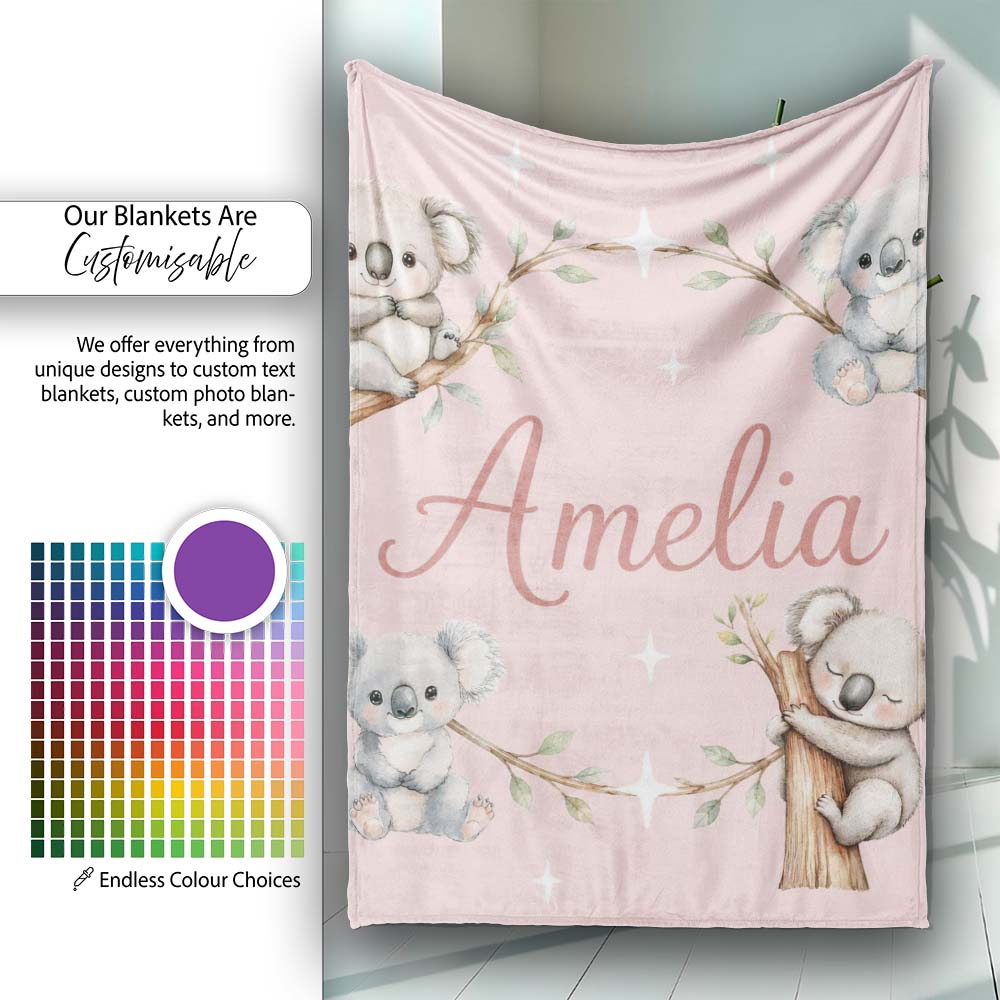 Cute Baby Koala Bears with Stars on Blush Pink Background Seamless  Personalised Custom Name Super Soft Fleece Blanket Bed Sofa Throw