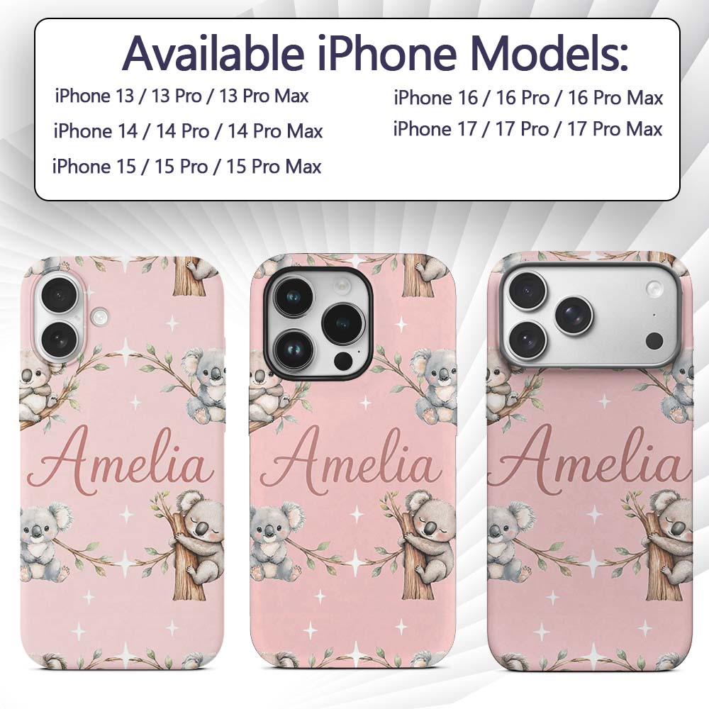 Cute Baby Koala Bears with Stars on Blush Pink Custom Name Protective Phone Case Mobile Cover Durable Everyday Smartphone Shock Resistant