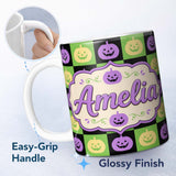 Personalized Custom Name Cute Halloween Pumpkin Faces Green Black Checker Seamless Pattern 11oz Ceramic Coffee Tea Mug White Large Handle