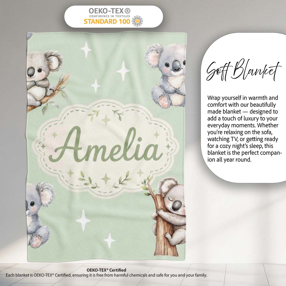 Cute Baby Koala Bears with Stars on Sage Green Background Seamless  Personalised Custom Name Super Soft Fleece Blanket Bed Sofa Throw