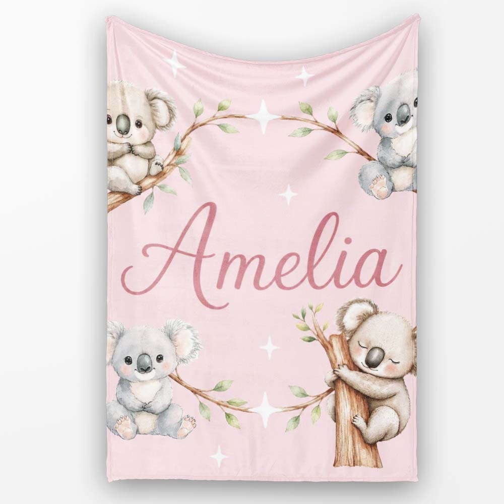 Cute Baby Koala Bears with Stars on Dusty Rose Background Seamless  Personalised Custom Name Super Soft Fleece Blanket Bed Sofa Throw