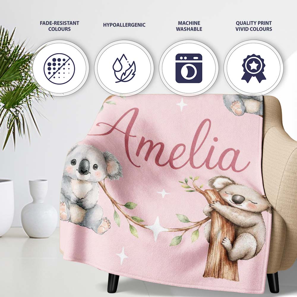 Cute Baby Koala Bears with Stars on Dusty Rose Background Seamless  Personalised Custom Name Super Soft Fleece Blanket Bed Sofa Throw