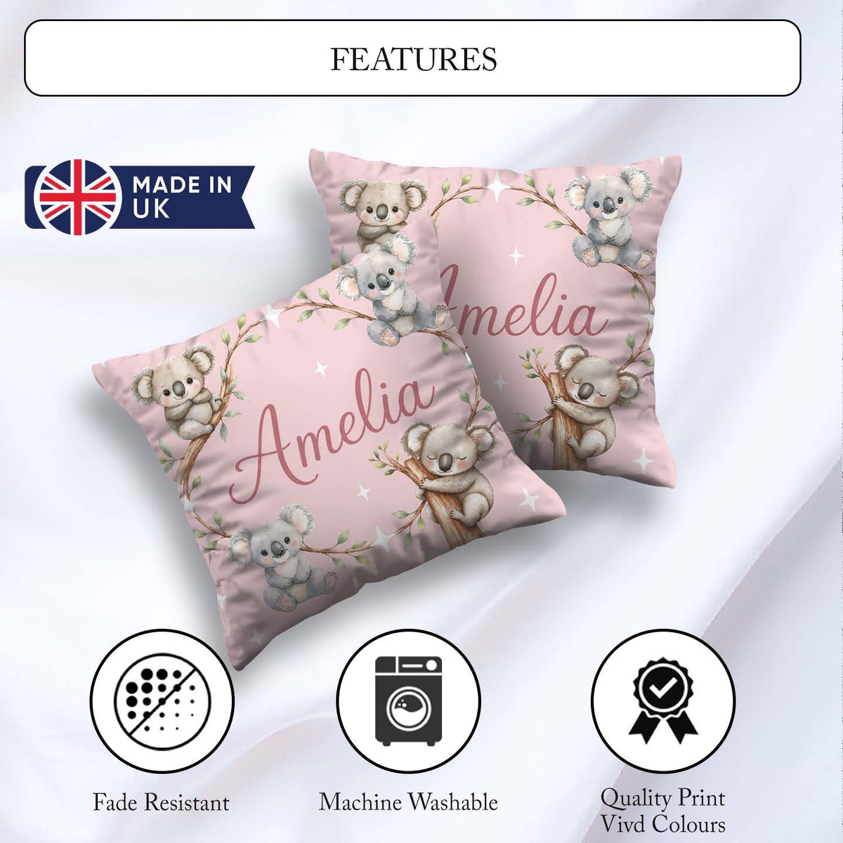 Custom Name Baby Koala Bears with Stars on Dusty Rose Background Square Filled Cushion Throw Pillow Sofa Bed Home Decor Zip Washable UK Made