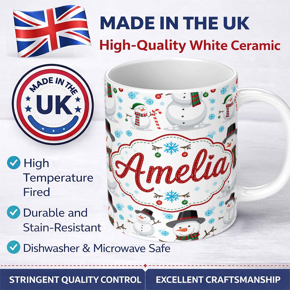 Personalized Custom Name Happy Snowman Winter Holiday Seamless Pattern Cute Unique Gift 11oz Ceramic Coffee Tea Mug White Large Handle