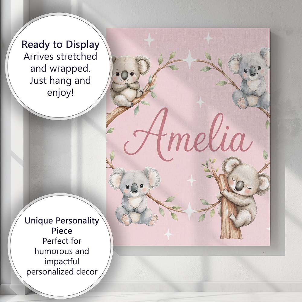 Personalised Name Cute Baby Koala Bears Custom  Modern Room Accent Elegant Feature Canvas Wall Art Print Decor Picture Ready to Hang