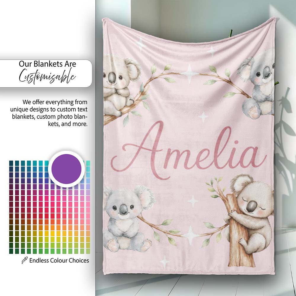 Cute Baby Koala Bears with Stars on Dusty Rose Background Seamless  Personalised Custom Name Super Soft Fleece Blanket Bed Sofa Throw