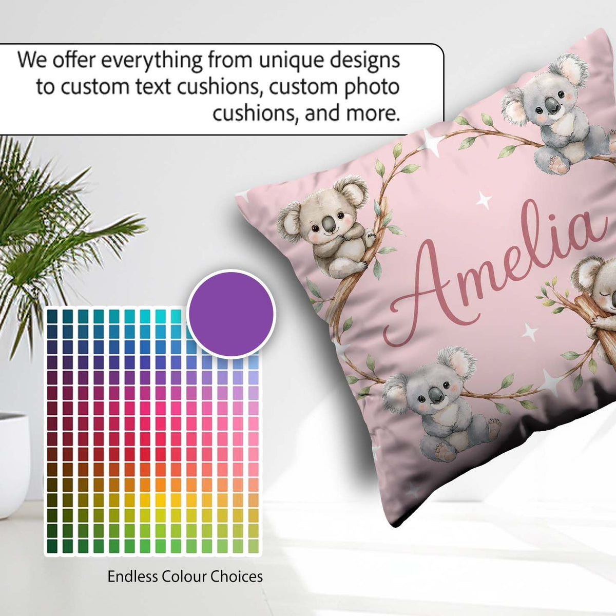 Custom Name Baby Koala Bears with Stars on Dusty Rose Background Square Filled Cushion Throw Pillow Sofa Bed Home Decor Zip Washable UK Made