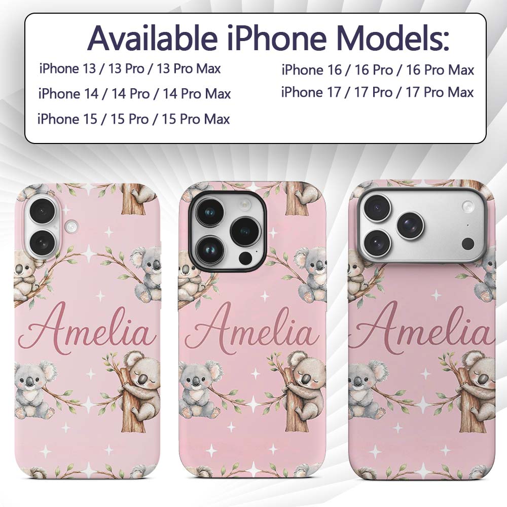 Cute Baby Koala Bears with Stars on Dusty Rose Custom Name Protective Phone Case Mobile Cover Durable Everyday Smartphone Shock Resistant