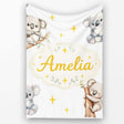 Cute Baby Koala Bears with Yellow Stars on Light Grey Background  Personalised Custom Name Super Soft Fleece Blanket Bed Sofa Throw