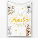 Cute Baby Koala Bears with Yellow Stars on Light Grey Background  Personalised Custom Name Super Soft Fleece Blanket Bed Sofa Throw