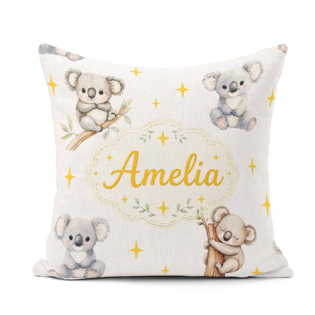 Custom Name Baby Koala Bears with Stars on Light Grey Background Square Filled Cushion Throw Pillow Sofa Bed Home Decor Zip Washable UK Made