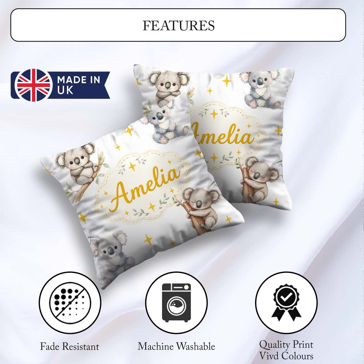 Custom Name Baby Koala Bears with Stars on Light Grey Background Square Filled Cushion Throw Pillow Sofa Bed Home Decor Zip Washable UK Made
