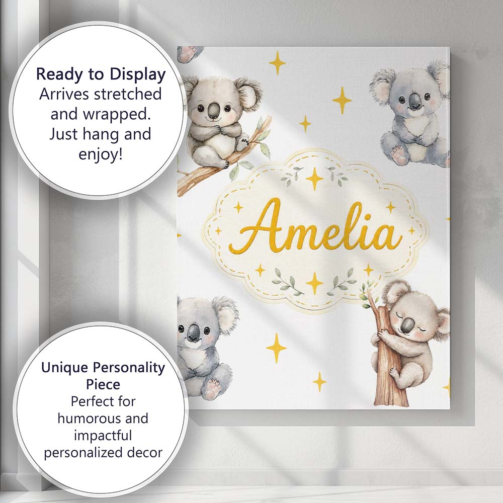 Personalised Name Cute Baby Koala Bears Custom  Modern Room Accent Elegant Feature Canvas Wall Art Print Decor Picture Ready to Hang