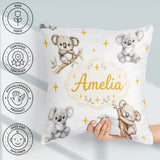 Custom Name Baby Koala Bears with Stars on Light Grey Background Square Filled Cushion Throw Pillow Sofa Bed Home Decor Zip Washable UK Made