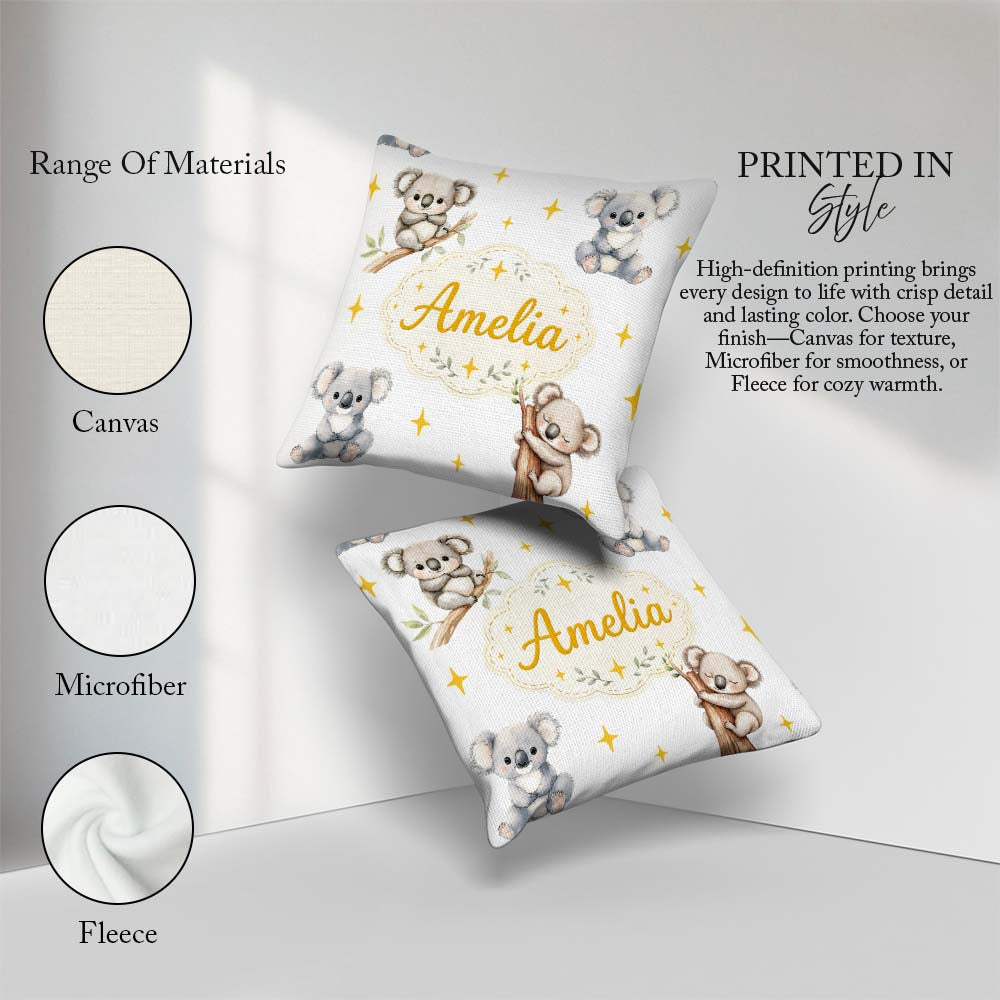 Custom Name Baby Koala Bears with Stars on Light Grey Background Square Filled Cushion Throw Pillow Sofa Bed Home Decor Zip Washable UK Made