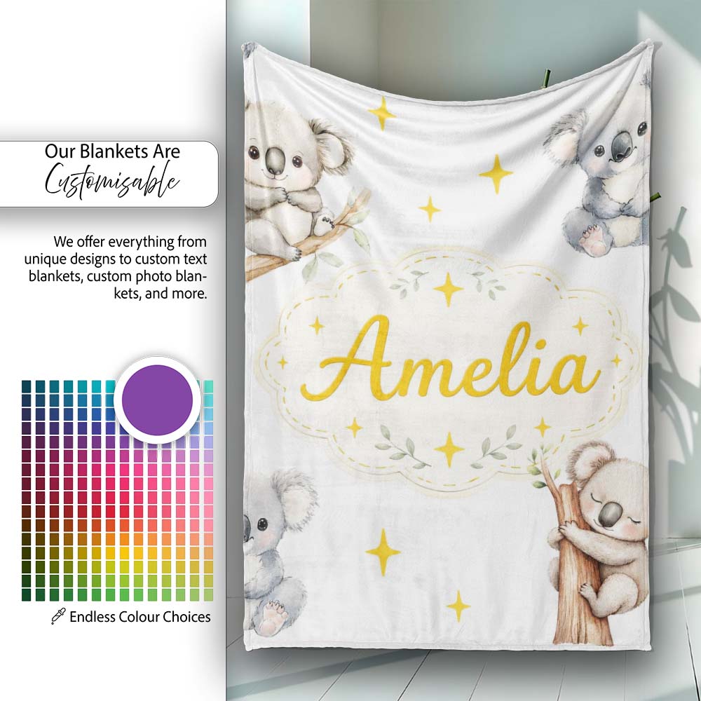 Cute Baby Koala Bears with Yellow Stars on Light Grey Background  Personalised Custom Name Super Soft Fleece Blanket Bed Sofa Throw