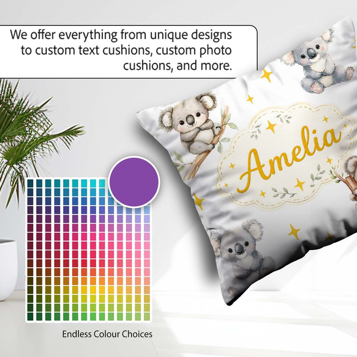 Custom Name Baby Koala Bears with Stars on Light Grey Background Square Filled Cushion Throw Pillow Sofa Bed Home Decor Zip Washable UK Made