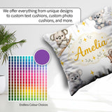 Custom Name Baby Koala Bears with Stars on Light Grey Background Square Filled Cushion Throw Pillow Sofa Bed Home Decor Zip Washable UK Made