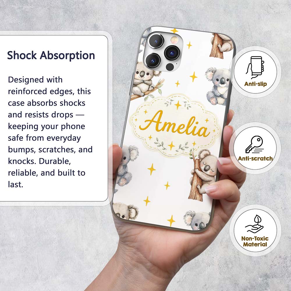 Cute Baby Koala Bears with Yellow Stars on Light Custom Name Protective Phone Case Mobile Cover Durable Everyday Smartphone Shock Resistant