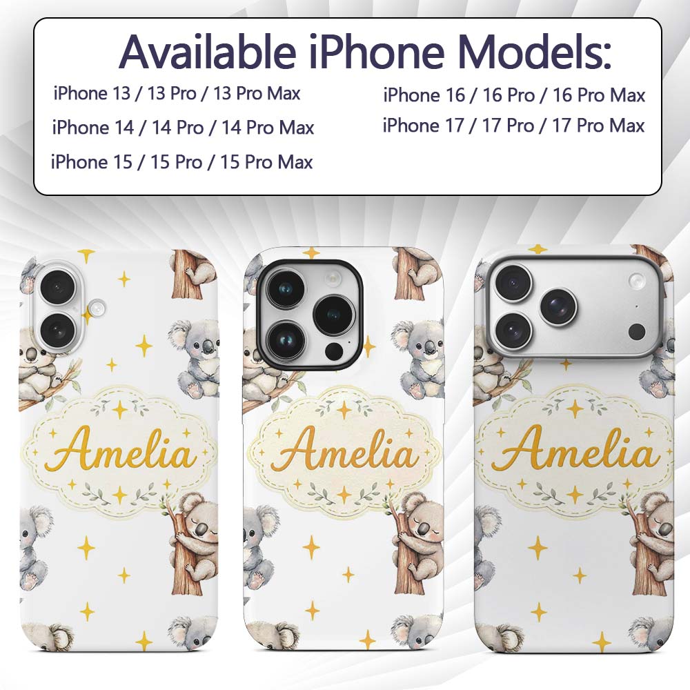 Cute Baby Koala Bears with Yellow Stars on Light Custom Name Protective Phone Case Mobile Cover Durable Everyday Smartphone Shock Resistant
