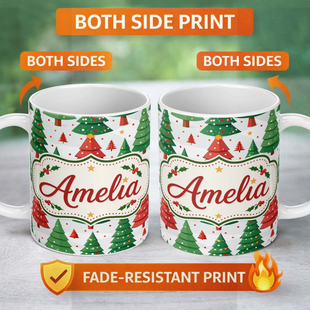 Personalized Custom Name Cute Christmas Trees in Red and Green with Falling Snow Seamless 11oz Ceramic Coffee Tea Mug White Large Handle