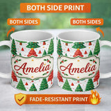Personalized Custom Name Cute Christmas Trees in Red and Green with Falling Snow Seamless 11oz Ceramic Coffee Tea Mug White Large Handle