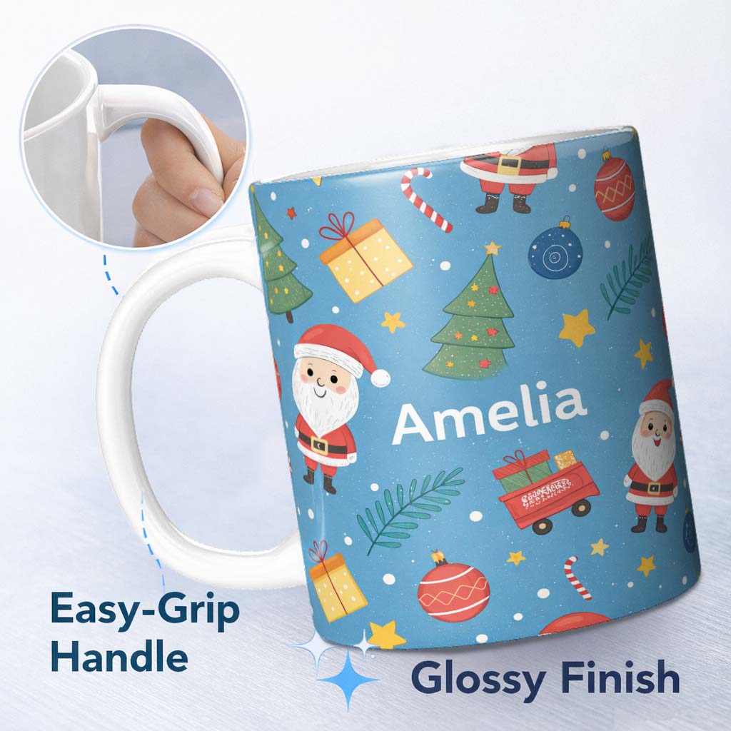 Personalized Custom Name Cute Santa Gifts Christmas Tree Blue Festive Seamless Pattern Lovely 11oz Ceramic Coffee Tea Mug White Large Handle