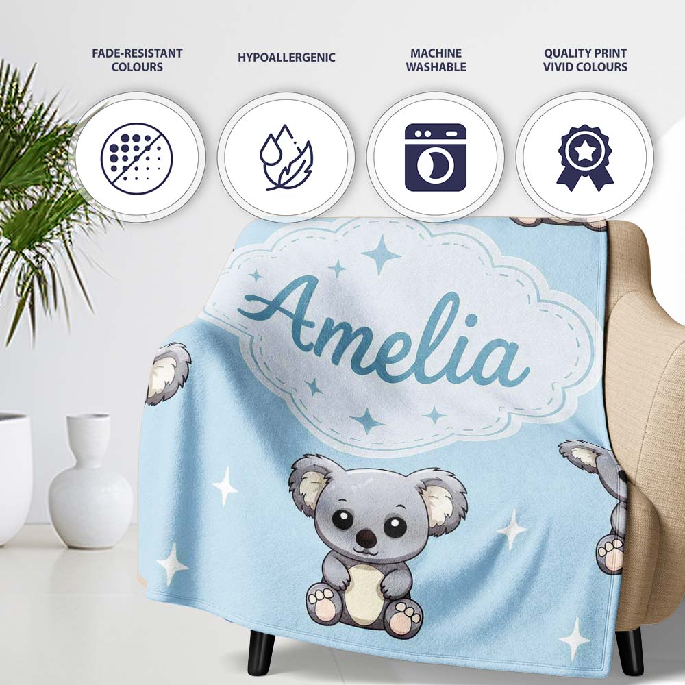 Cute Cartoon Koala Bears with Stars on Blue Background Seamless  Personalised Custom Name Super Soft Fleece Blanket Bed Sofa Throw