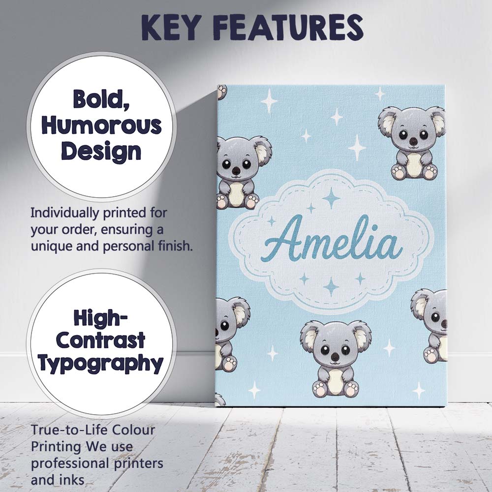 Personalised Name Cute Cartoon Koala Bears Custom  Unique Gift Idea Elegant Feature Canvas Wall Art Print Decor Picture Ready to Hang