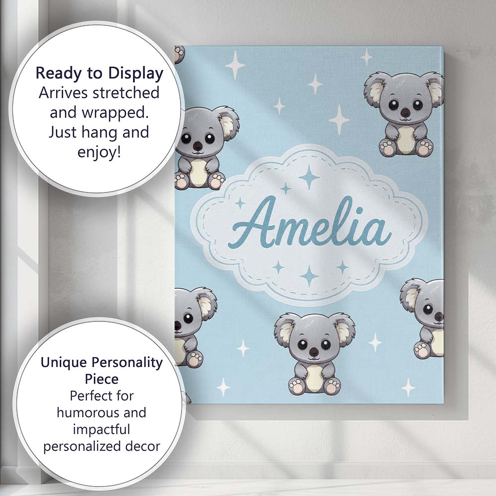 Personalised Name Cute Cartoon Koala Bears Custom  Unique Gift Idea Elegant Feature Canvas Wall Art Print Decor Picture Ready to Hang