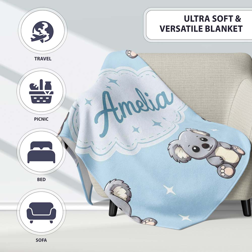Cute Cartoon Koala Bears with Stars on Blue Background Seamless  Personalised Custom Name Super Soft Fleece Blanket Bed Sofa Throw