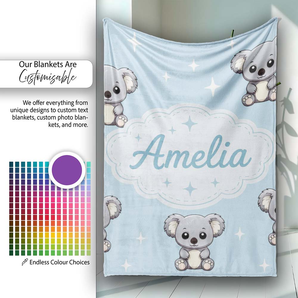 Cute Cartoon Koala Bears with Stars on Blue Background Seamless  Personalised Custom Name Super Soft Fleece Blanket Bed Sofa Throw