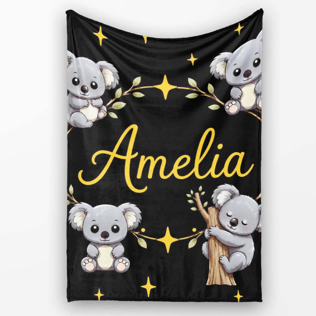 Cute Cartoon Koala Bears with Yellow Stars on Black Background  Personalised Custom Name Super Soft Fleece Blanket Bed Sofa Throw
