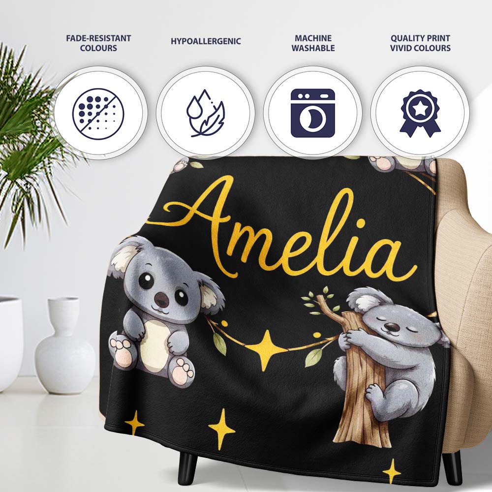 Cute Cartoon Koala Bears with Yellow Stars on Black Background  Personalised Custom Name Super Soft Fleece Blanket Bed Sofa Throw