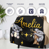 Cute Cartoon Koala Bears with Yellow Stars on Black Background  Personalised Custom Name Super Soft Fleece Blanket Bed Sofa Throw